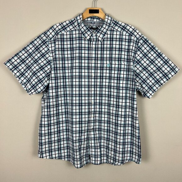 Ariat Pro Series Mens‎ Blue White Plaid Button Front Short Sleeve Shirt Size 2XL - Picture 1 of 12